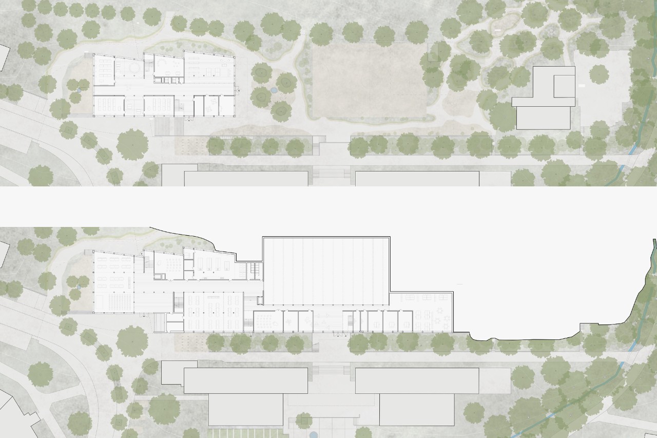 Schulanlage Riedhof Siegerprojekt KUCKUCK ‒ Grundriss 1. Obergeschoss und Erdgeschoss (Plan: Jonas Wüest Architekten)